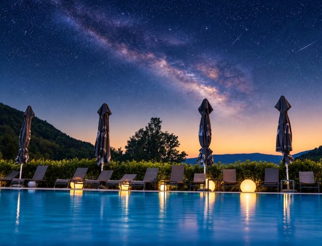 Zvjezdano nebo iznad bazena u Camping Plitvicama, idealno mjesto za stargazing i promatranje zvijezda na Plitvicama